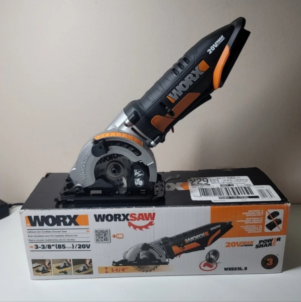 The WORX WX523L.9 is a 20V circular saw with a 3-3/8"( TOOL ONLY NO BATTERY)